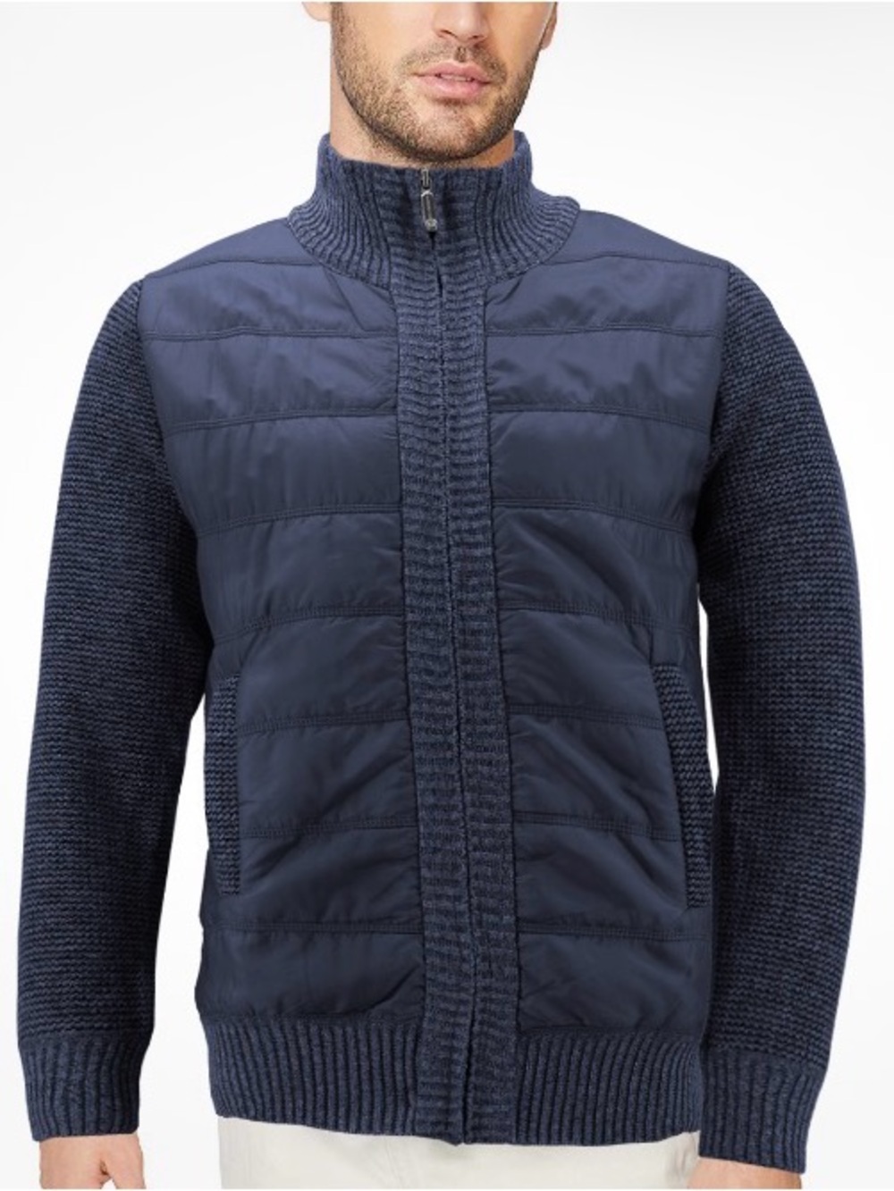 Men’s Quilted Lightweight Fleece Lined Two Tone Puffer Knit Sweater Jacket Large